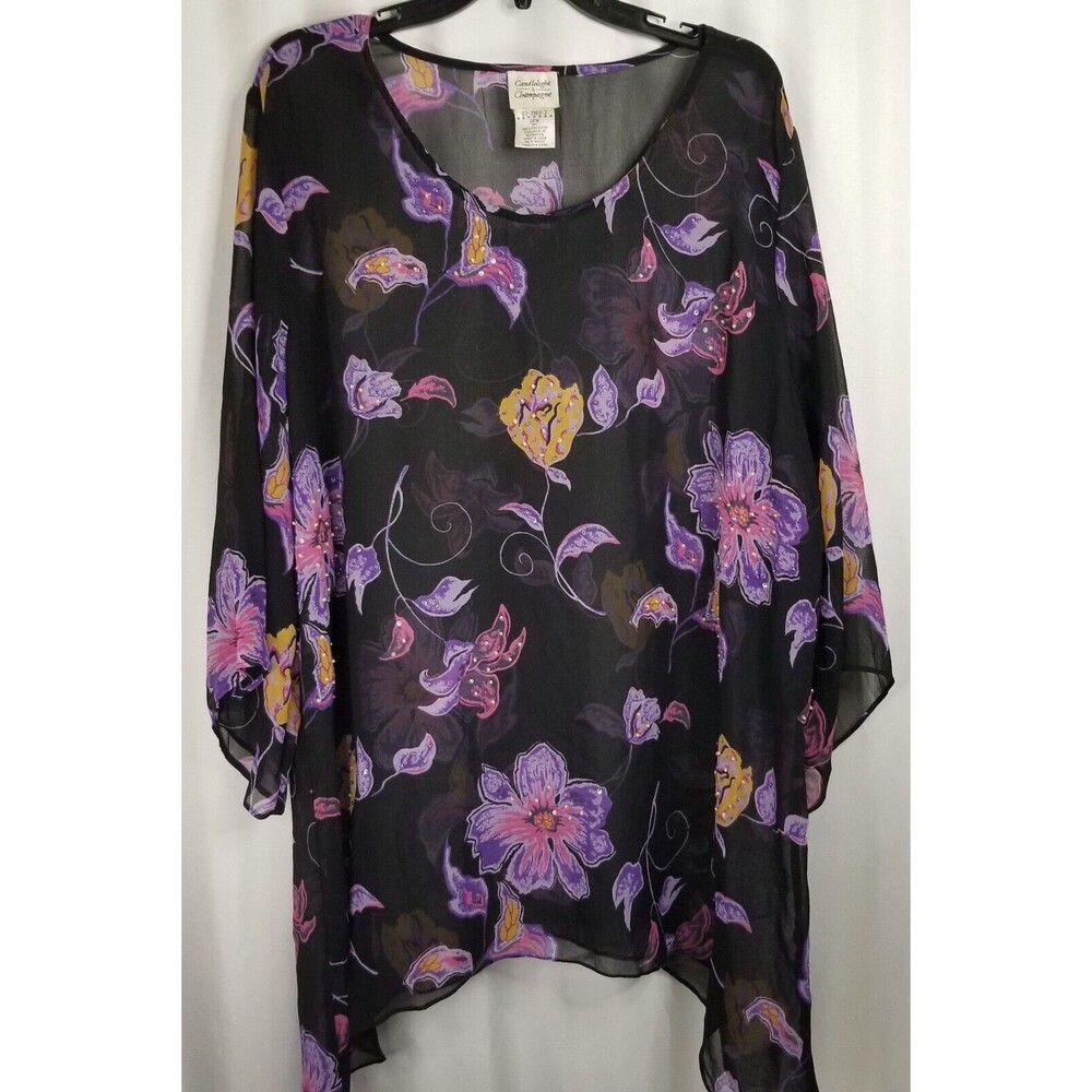 Women's Tunic Top Shirt Bead Sequin Accent  Sheer Black Multicolor Floral  26W